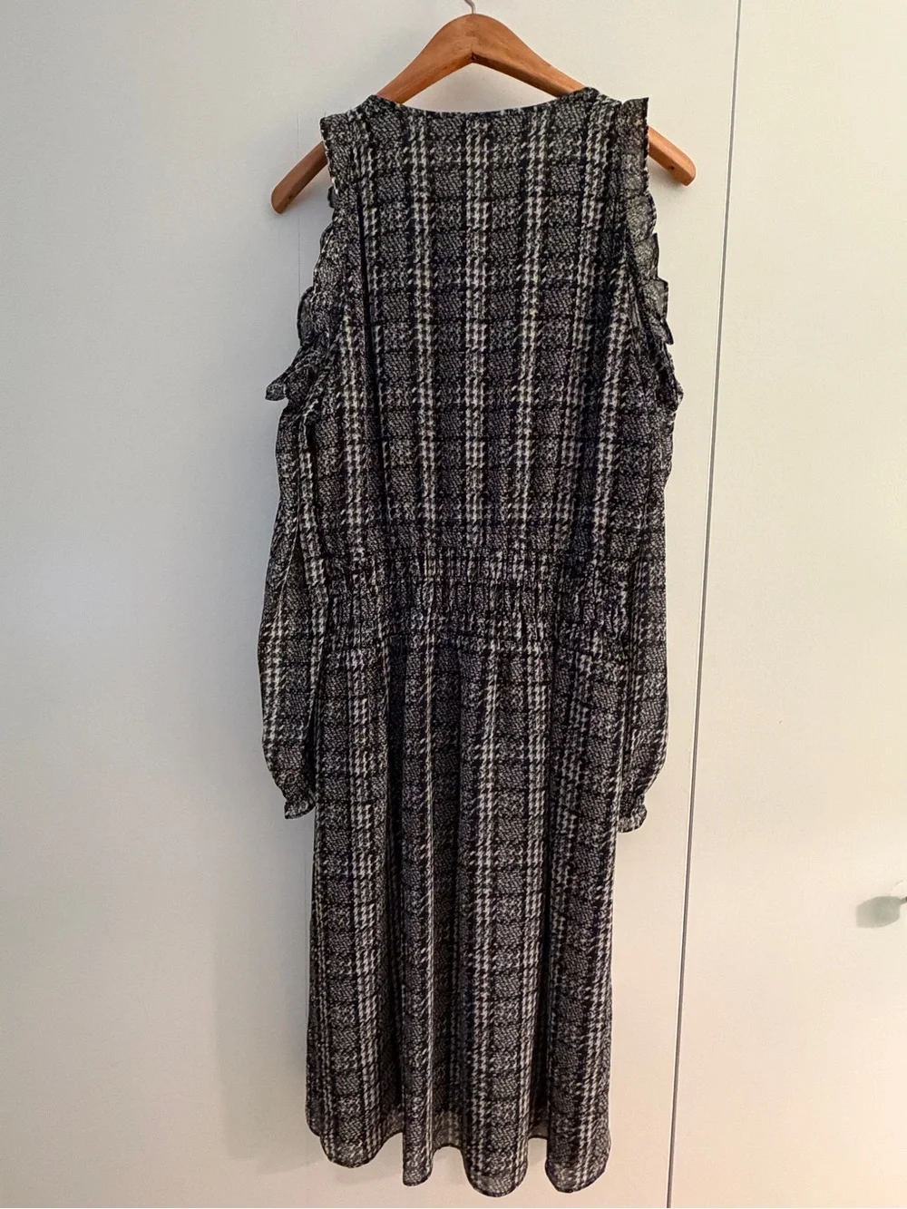 Michael Kors Black & Gray Plaid Cold-Shoulder Midi Dress
